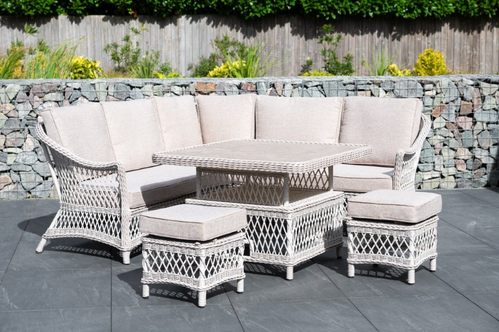 COTSWOLD - Wicker mini corner set with 2 stools and square height adjustable table