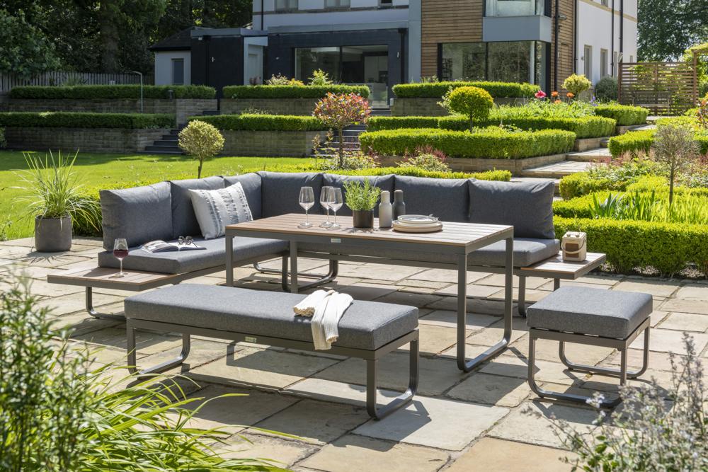 Billingford 5pcs Large corner set - Anthracite Aluminium Frame with Poly Wood Table Top and Sides - Grey Cushions