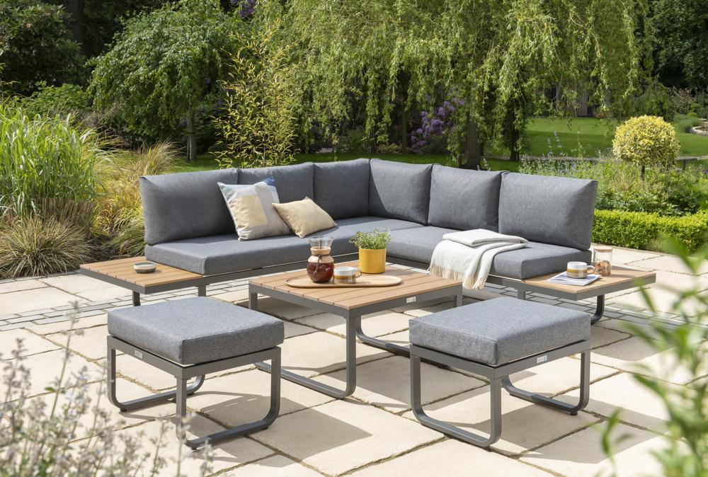 Billingford 5pcs Mini corner set - Anthracite Aluminium Frame with Poly Wood Table Top and Sides - Grey Cushions