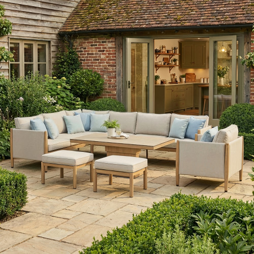 Burford Large Corner Sofa Set with Rising Table and Armchair with SeasonSure Cushions - Almond