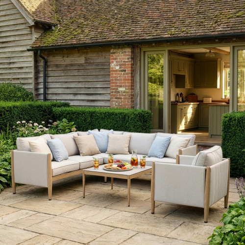 Burford Small Corner Sofa Set with Arm Chair and SeasonSure Cushions - Almond
