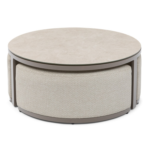 Maze Round Coffee Table With x3 Footstools - Latte