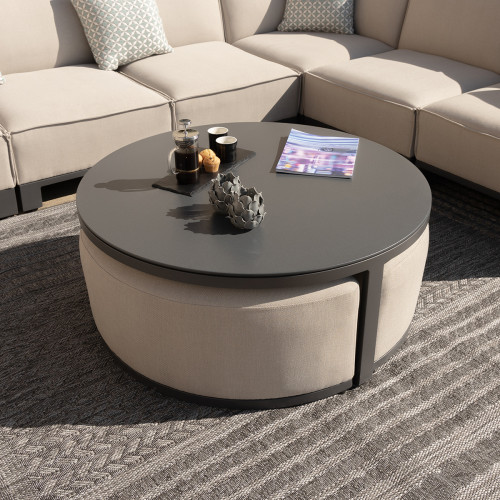 Maze Round Coffee Table With x3 Footstools / Oatmeal
