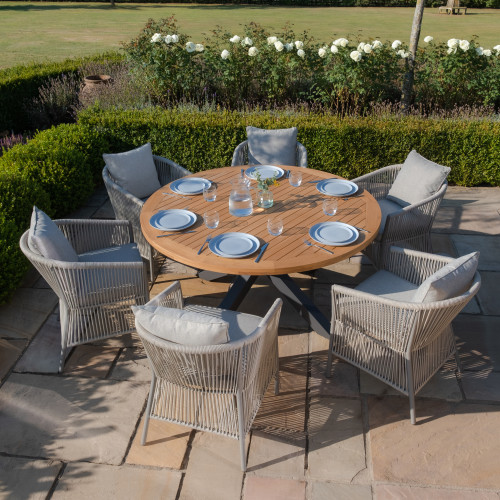 Jakarta Teak Round Dining Table With Maldives Dining Chairs - Cool Linen