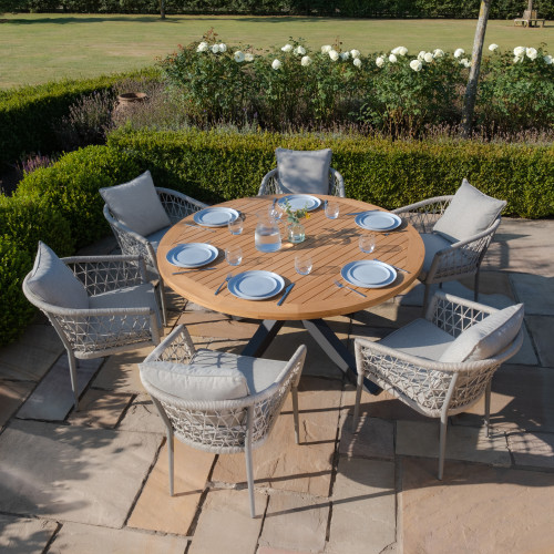 Jakarta Teak Round Dining Table With Monaco Dining Chairs - Cool Linen
