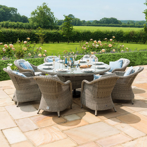 Oxford 8 Seat Round Fire Pit Dining Set with Heritage Chairs and Lazy Susan