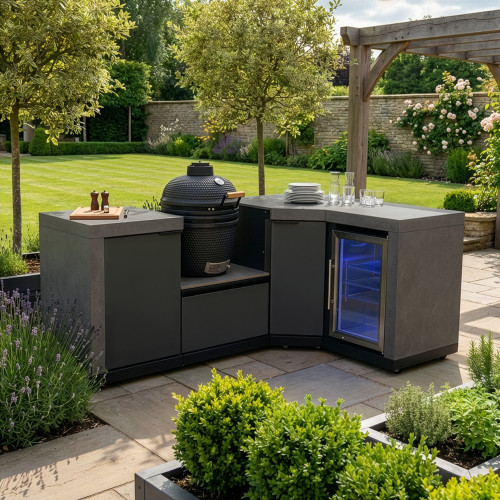 Maze Ember Outdoor Kitchen Small Kamado Corner Set with Right Fridge (with 18 inch Kamado)