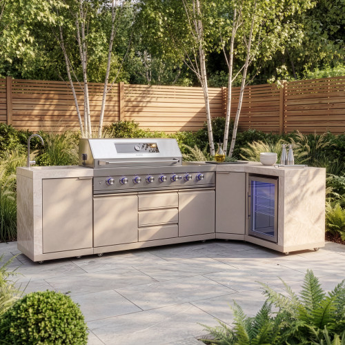 Maze Ember Outdoor Kitchen Corner Gas BBQ with Sink and Fridge - Latte