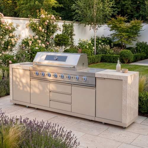 Maze Ember Linear Outdoor Kitchen With Gas BBQ & Cupboards - Latte