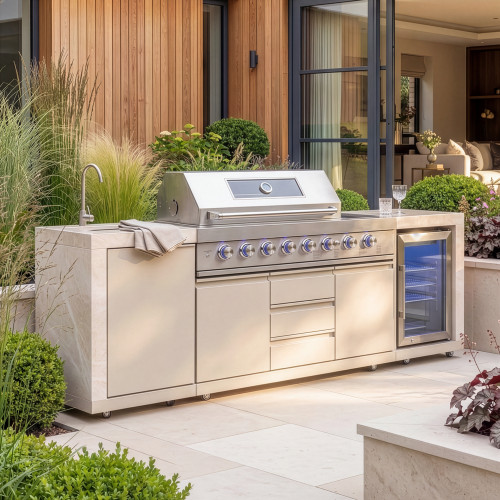 Maze Ember Linear Outdoor Kitchen Gas BBQ with Sink and Fridge - Latte
