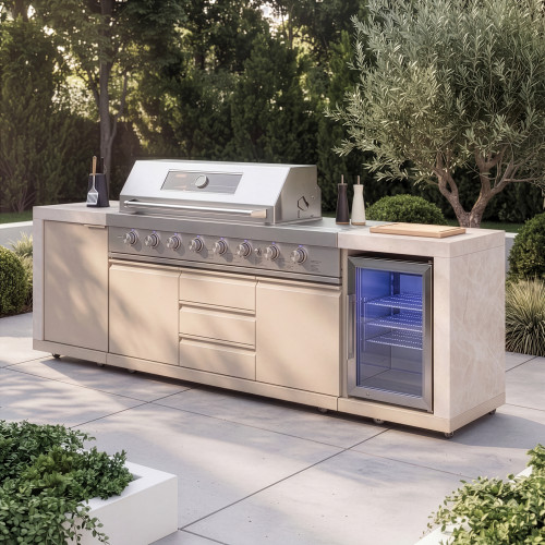 Maze Ember Linear Outdoor Kitchen with Gas BBQ, Left Cupboard & Right Fridge - Latte
