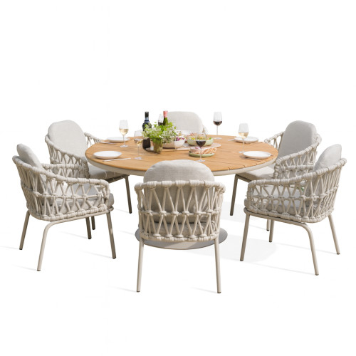 Sicily 6 Seat Round Table with Rope Chairs - Latte Frame/Latte Cushions