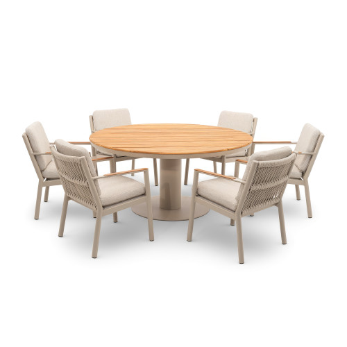 Sicily 6 Seat Round Table and Sicily Dining Chair with Teak Arms - Latte Frame/Latte Cushions