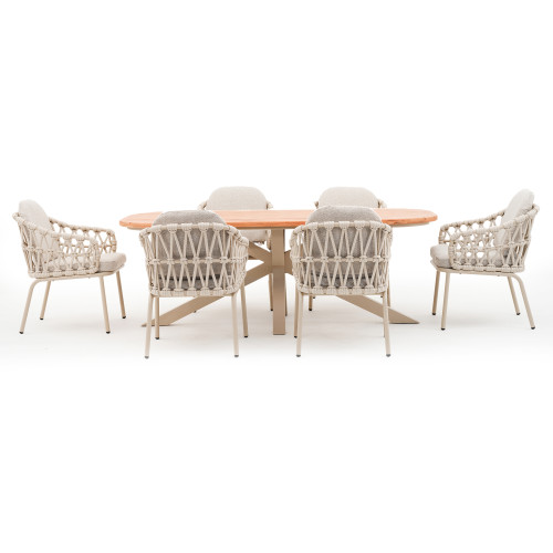 Sicily 6 Seat Rectangular Table with Rope Chairs - Latte Frame/Latte Cushions