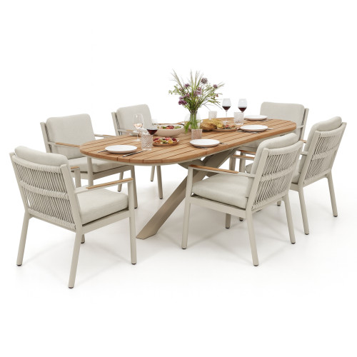 Sicily 6 Seat Rectangular Dining Set and Sicily Dining Chairs with Teak Arms - Latte Frame/Latte Cushions