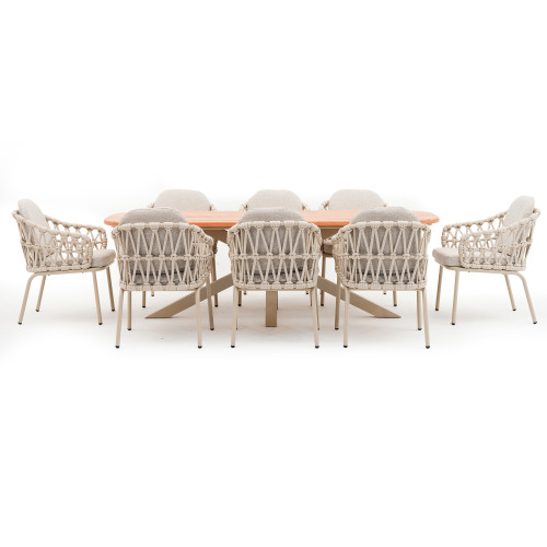 Sicily 8 Seat Rectangular Table with Rope Chairs - Latte Frame/Latte Cushions